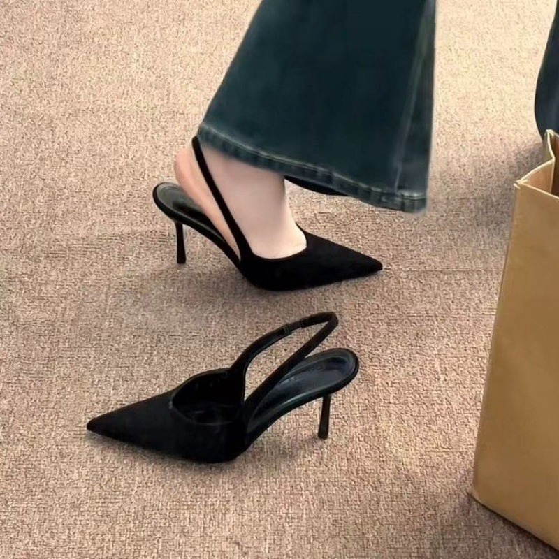 Leopard Print Heels - フランス製ポインテッドトゥレオパード柄ハイヒールバオトウサンダル レディース春夏スティレットスエードバックオープンシングルシューズ