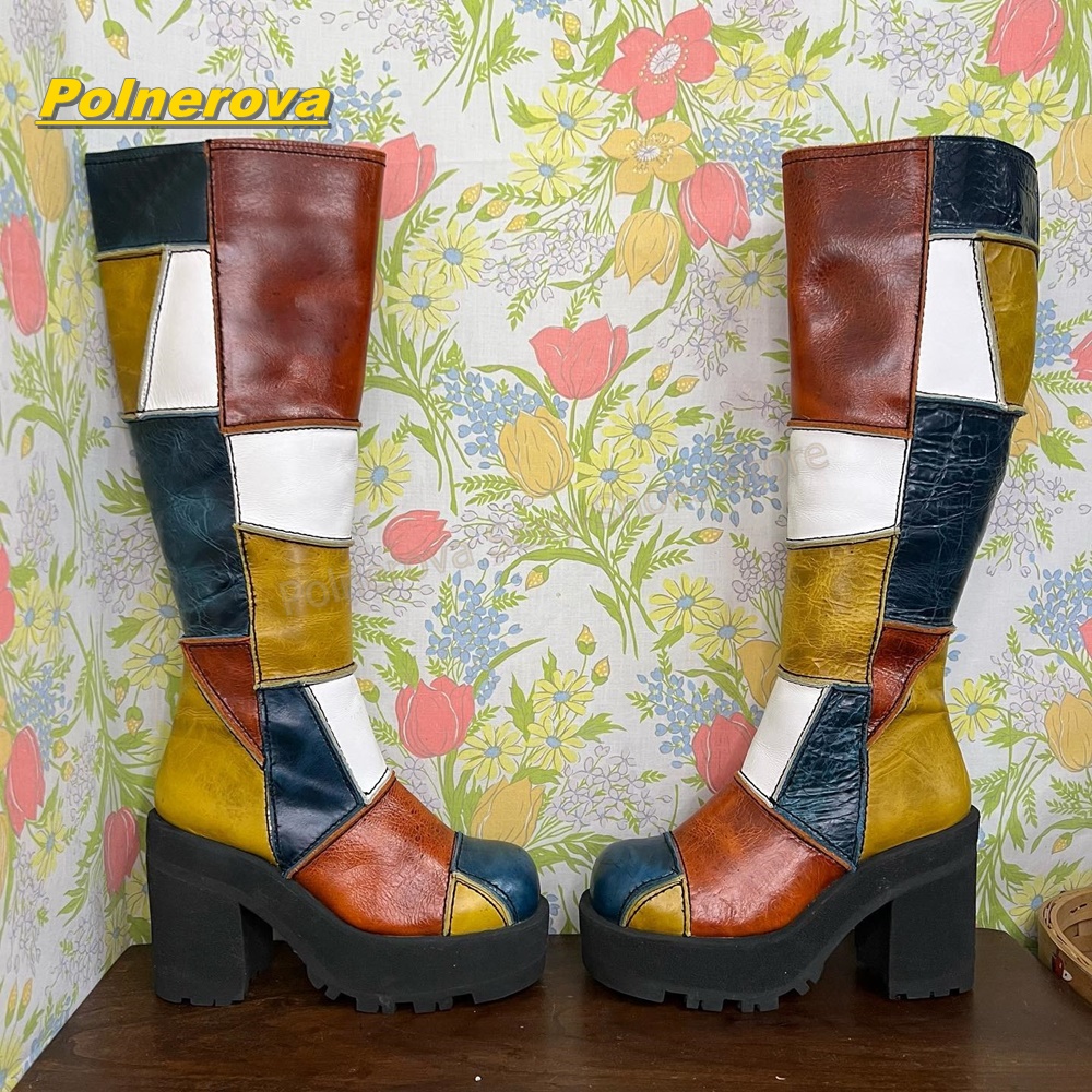 Women'S Shoes Y2K - 女性レトロパッチワークレザーニーハイブーツカラーブロックチャンキープラットフォームブロックヒールヴィンテージ Y2K ストリートファッション靴 2026