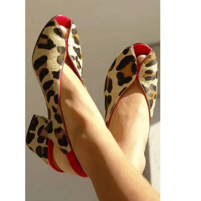 Leopard Print Heels - レオパード柄 ピープトゥ スリングバック レディース サンダル チャンキーヒール