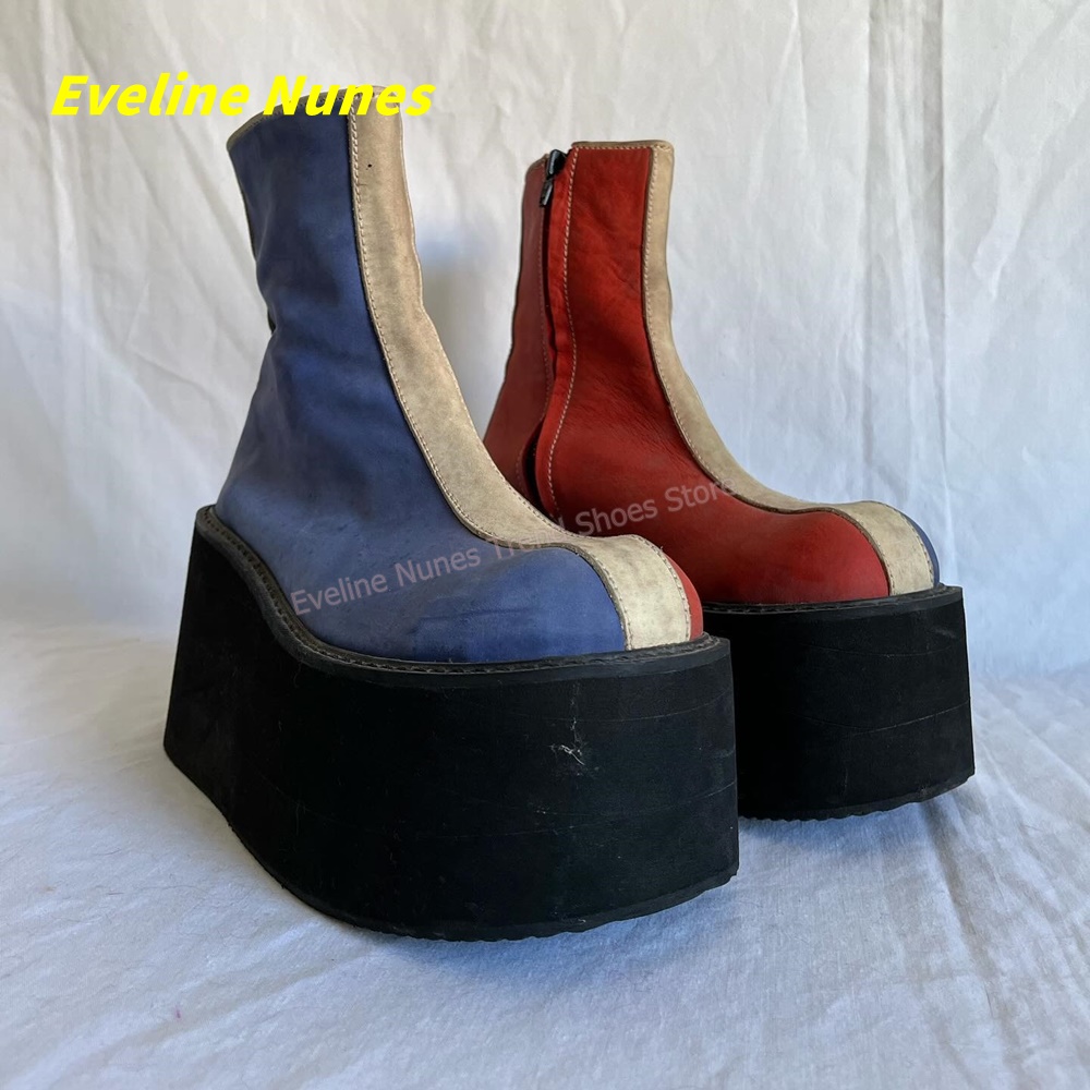 Women'S Shoes Y2K - Y2K レッドブループラットフォームアンクルブーツラウンドトゥサイドジッパーカラーブロックゴシックレトロストリートファッションカジュアルシューズ 2026 トレンド