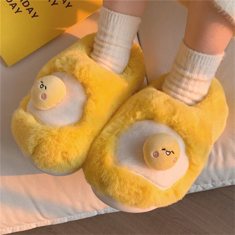 Women Shoes For Winter - 新しい可愛い目玉焼き型のぬいぐるみスリッパ、女性用ノベルティサンニーサイドアップフリース裏地付き室内履きシューズ、レディースホームスリップオンスリッパ