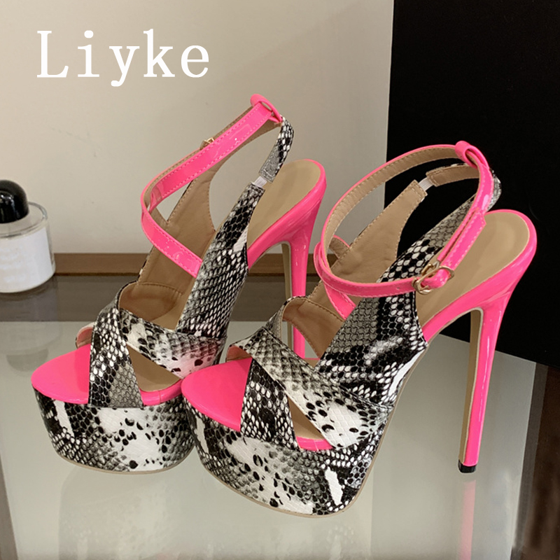 Leopard Print Heels - Liyke セクシーな極薄ハイヒール女性プラットフォームサンダルファッションヒョウ柄厚底アンクルバックルストラップ夏の靴