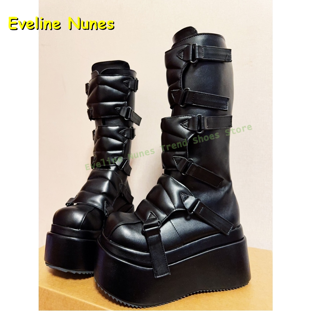 Women'S Shoes Y2K - ブラックバックルサイバーパンクY2Kニーハイブーツビッグラウンドトゥ厚底身長アップサブカルスタイルカップルパンクシューズ2025新作