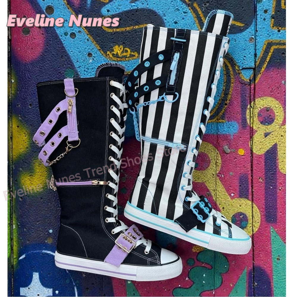Y2K ゴシックストライプキャンバスブーツ チェーンバックル - Women'S Shoes Y2K のレビューと価格