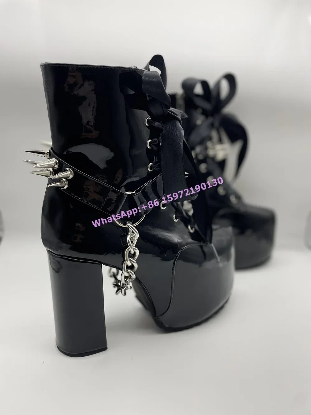 リボンタイドリベットブラックブーツダークパンクメタルチェーン - Ribbon Tie Heel のレビューと価格