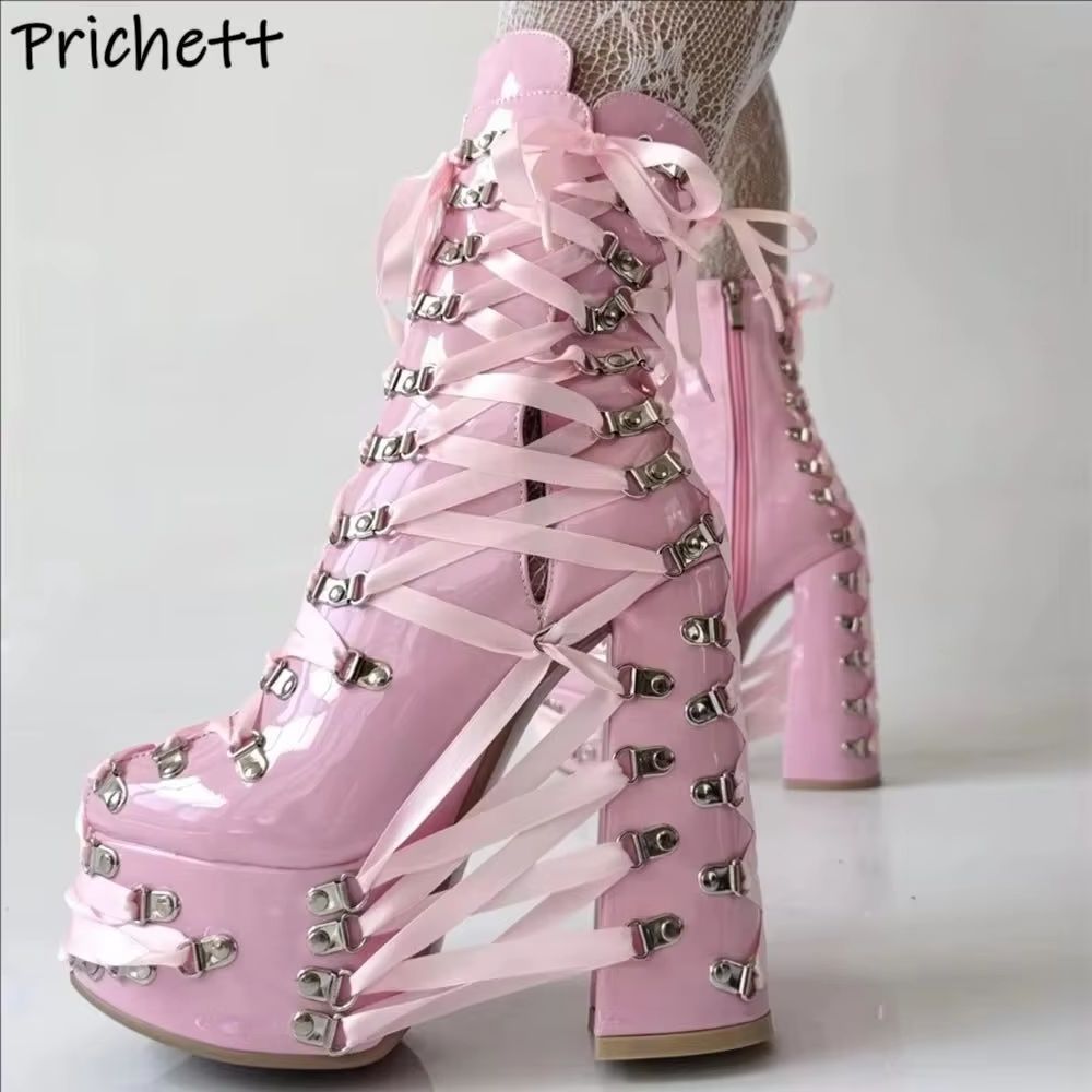 ブラックピンク クロスストラップ アンクルブーツ リボン メ - Ribbon Tie Heel のレビューと価格